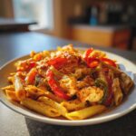 A close-up of creamy Rasta pasta mixed with chicken pieces and vibrant red and green bell peppers.