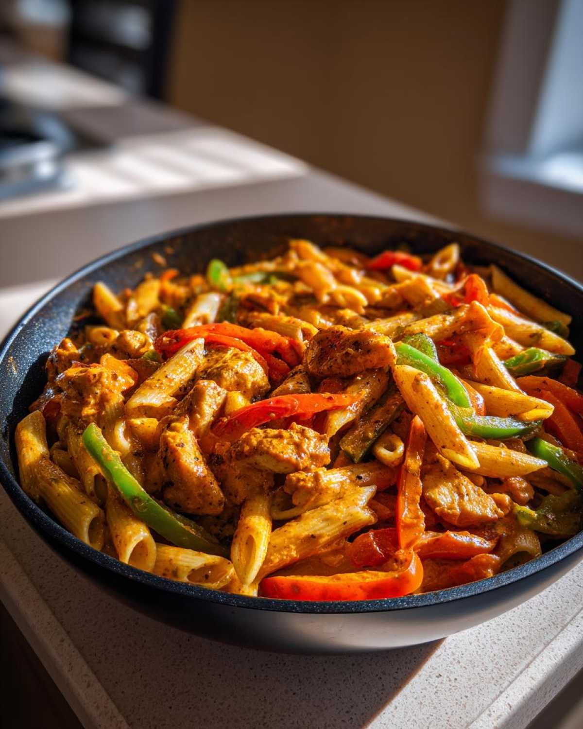 A close-up shot of vibrant Rasta Pasta featuring penne, chicken chunks, and sliced red and green bell peppers in a creamy sauce.