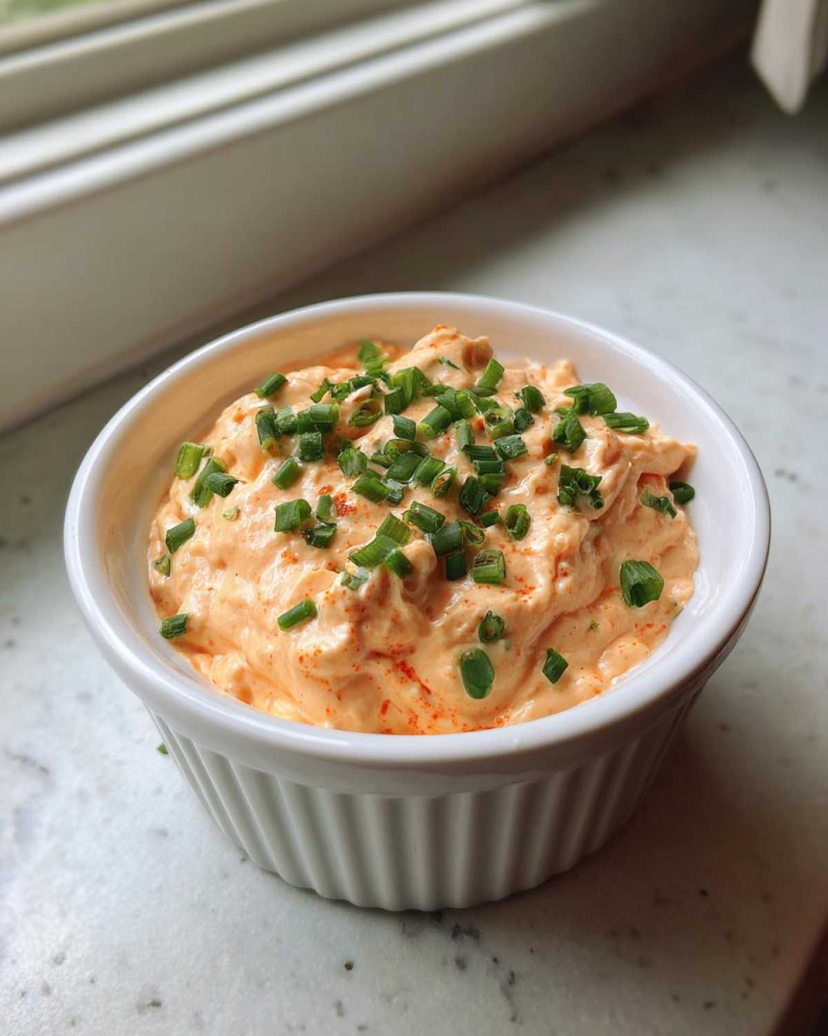 A small white ramekin filled with creamy, orange-hued remoulade sauce, topped generously with fresh chopped chives.