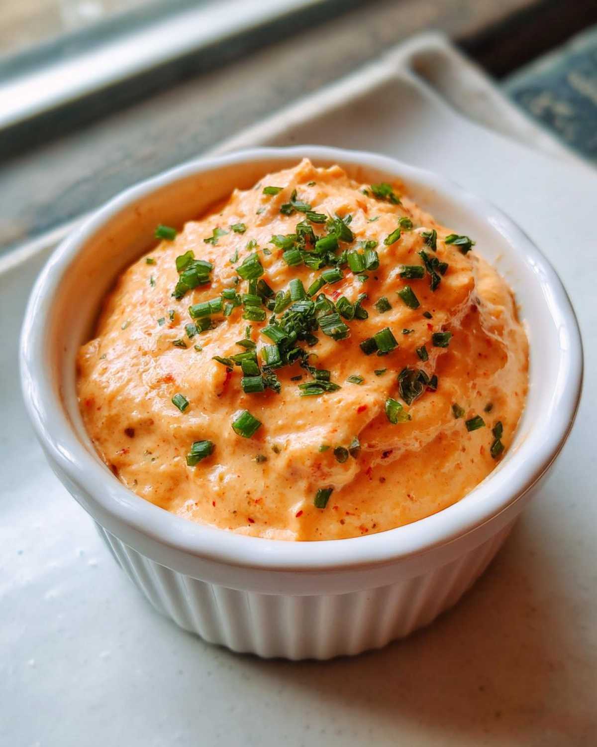 Close-up of a small white ramekin filled with creamy, orange-hued remoulade sauce, garnished generously with fresh chopped chives.