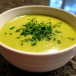A close-up of a bowl of vibrant green zucchini soup topped with chopped fresh parsley.