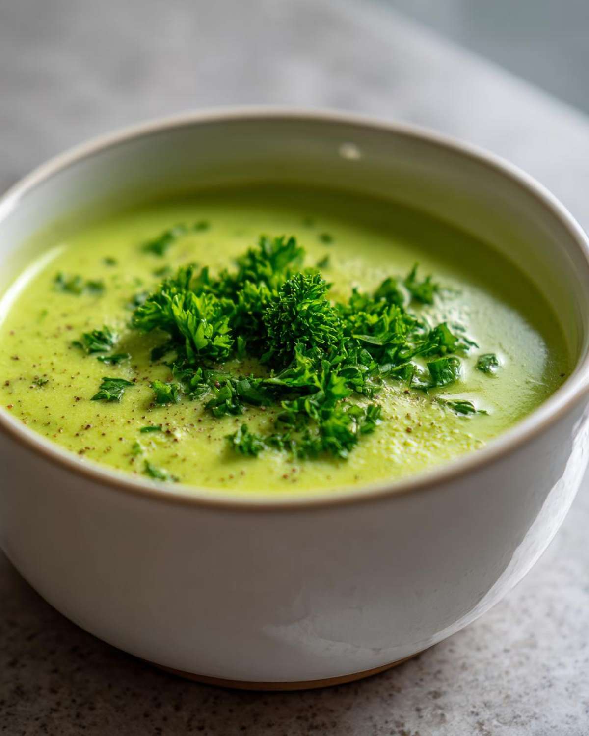 Close-up of a bowl of bright green zucchini soup topped with fresh curly parsley and cracked black pepper.