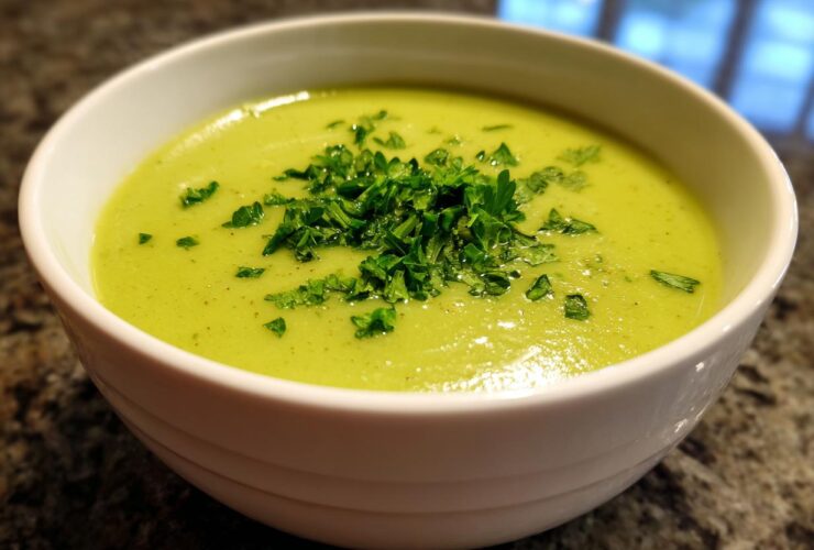 A close-up of a bowl of vibrant green zucchini soup topped with chopped fresh parsley.