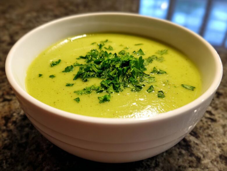 A close-up of a bowl of vibrant green zucchini soup topped with chopped fresh parsley.
