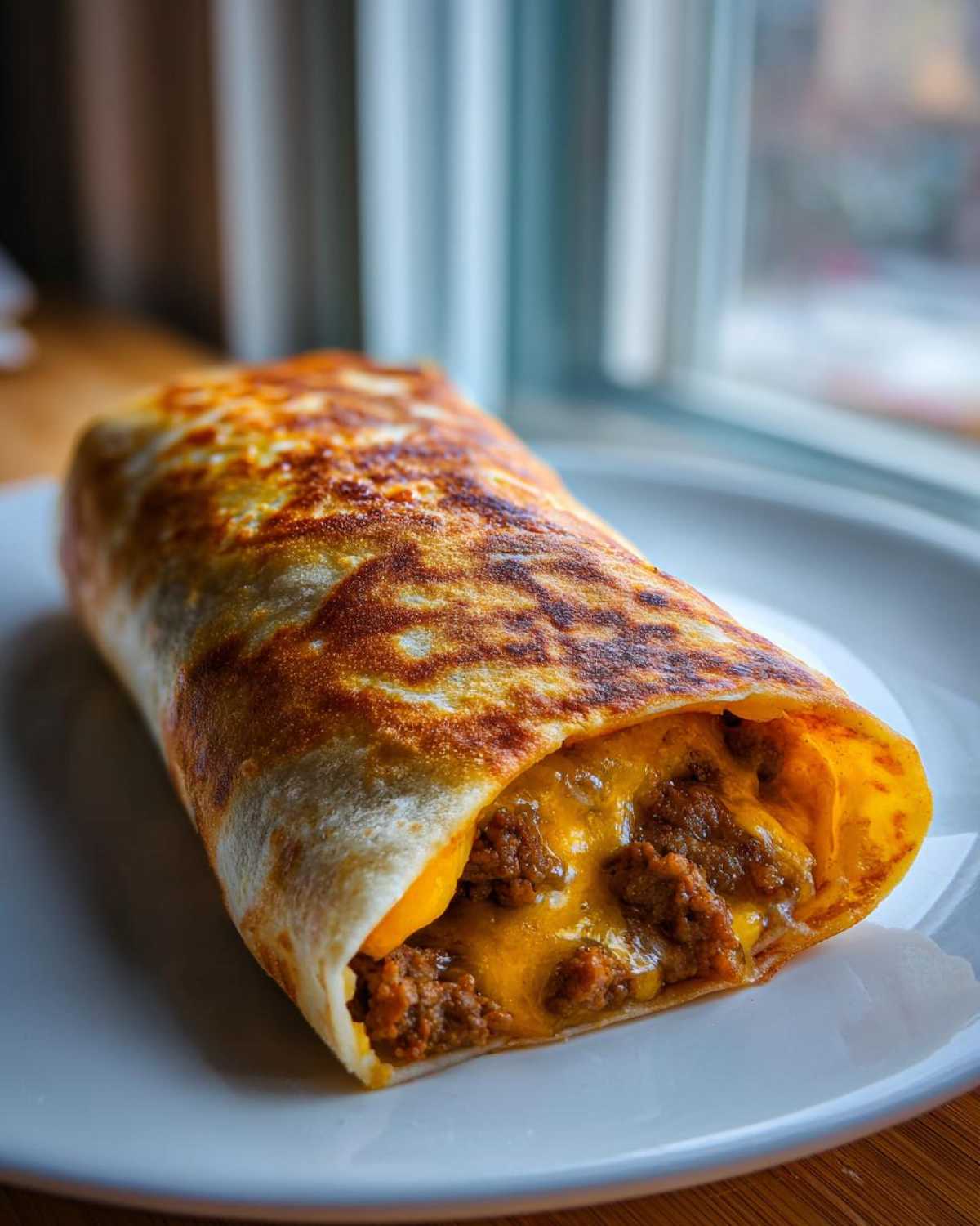 Close-up of a crispy, golden-brown chimichangas filled with seasoned ground beef and melted cheddar cheese.