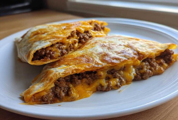 Two halves of a crispy, golden-brown chimichanga, cut open to show the seasoned ground beef and melted cheddar cheese filling.