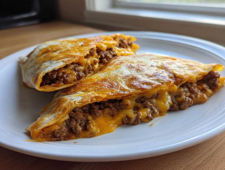 Two halves of a crispy, golden-brown chimichanga, cut open to show the seasoned ground beef and melted cheddar cheese filling.