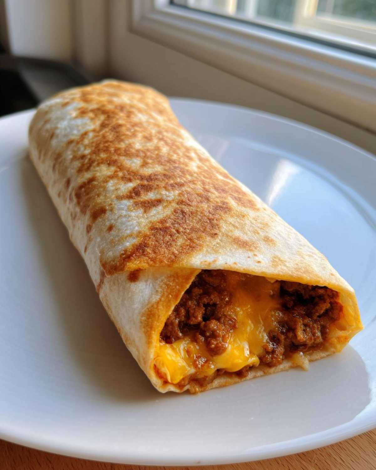 Close-up of a crispy chimichangas showing seasoned ground beef and melted cheddar cheese filling.