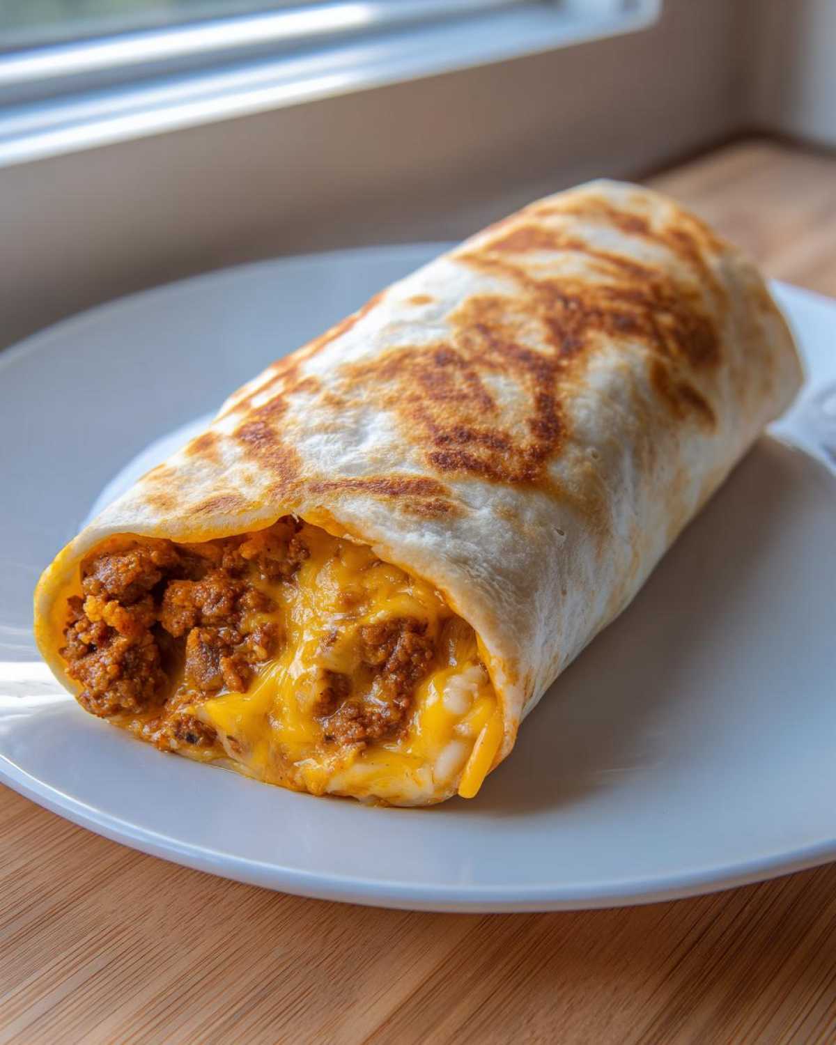 A golden-brown, crispy chimichangas filled with seasoned ground beef and gooey melted cheddar cheese, resting on a white plate.