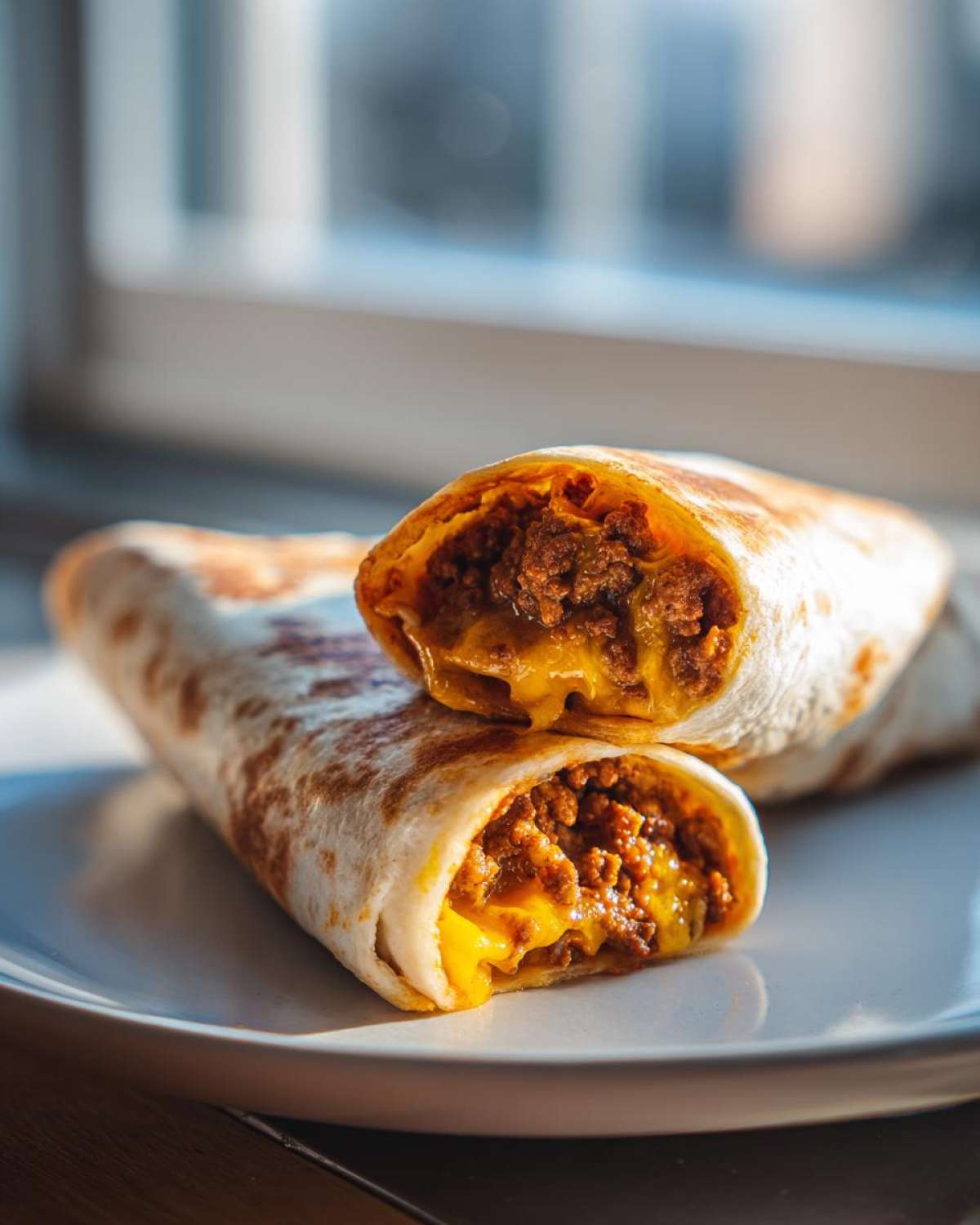 Two halves of a crispy chimichangas filled with seasoned ground beef and melted cheese, served on a white plate.