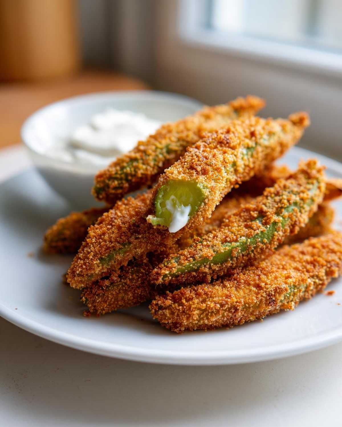 A pile of golden brown, crispy Fried Pickles served on a white plate with a small bowl of white dipping sauce.