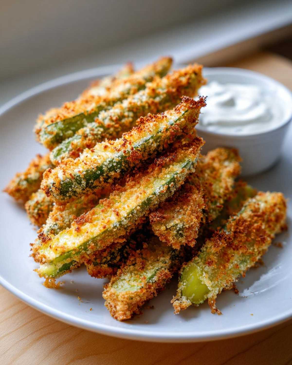 A pile of golden brown, crispy breaded Fried Pickles served on a white plate next to a small bowl of white dipping sauce.