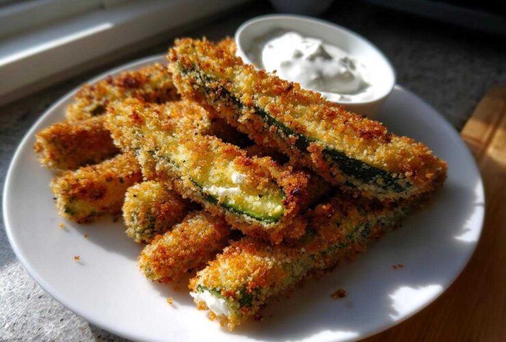 A plate of golden brown, crispy fried pickles served with a side of creamy white dipping sauce.