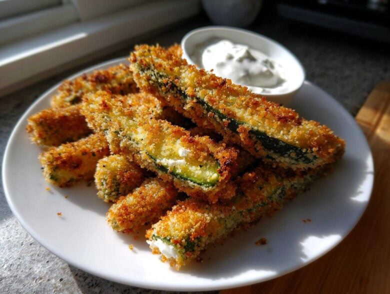 A plate of golden brown, crispy fried pickles served with a side of creamy white dipping sauce.