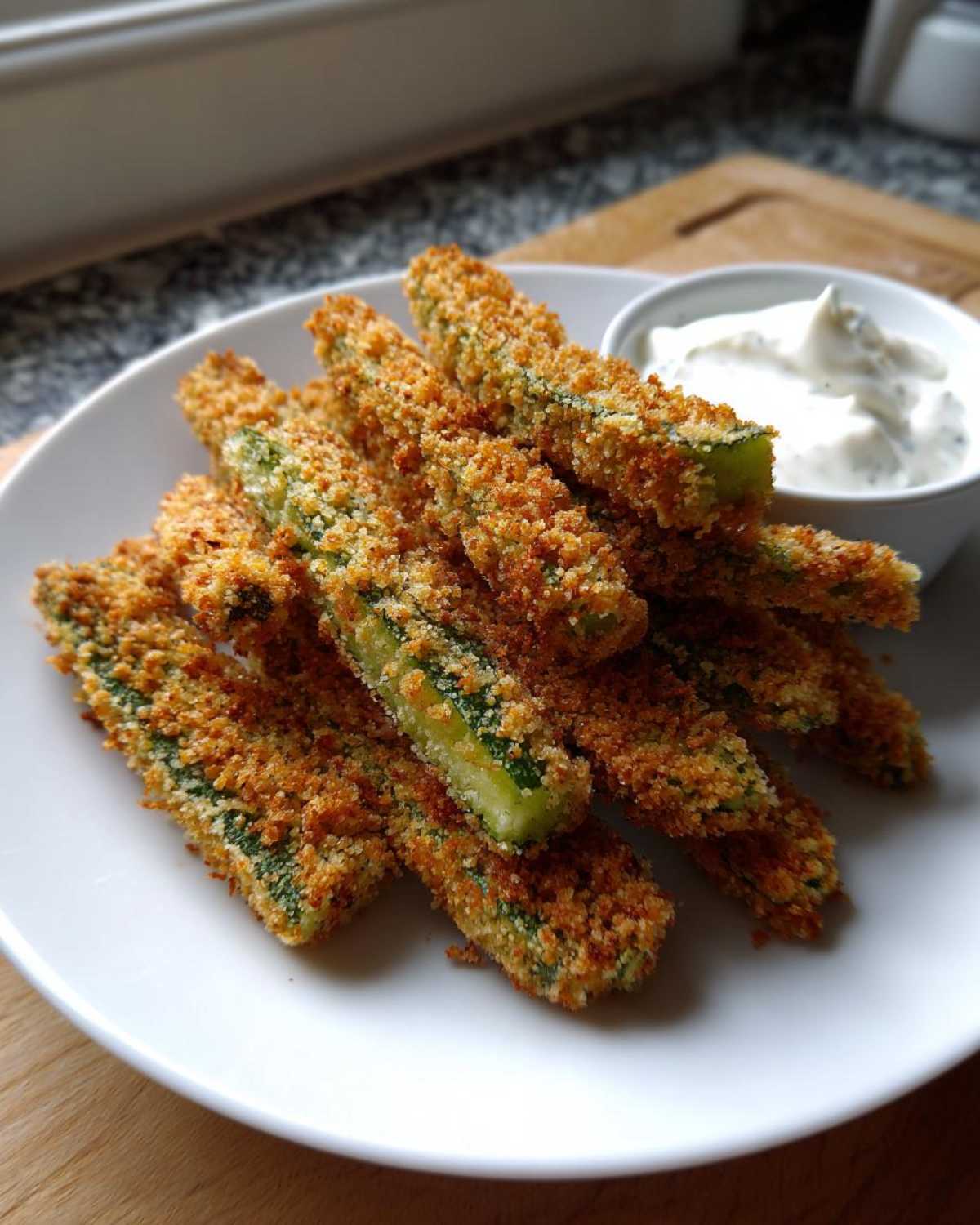 A plate of golden brown, crispy Fried Pickles sticks served with a side of creamy white dipping sauce.