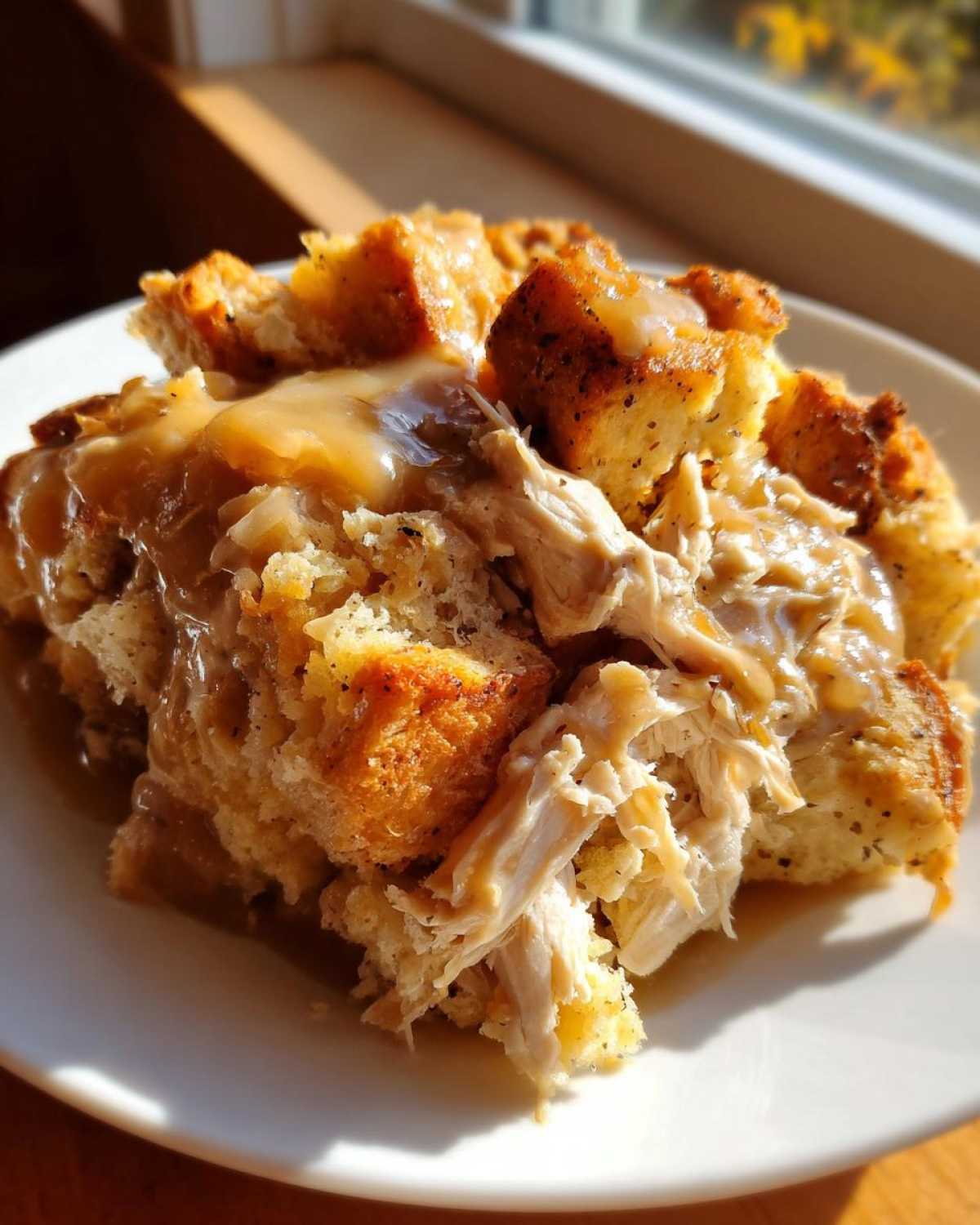 A close-up serving of moist crock pot chicken and stuffing topped with savory brown gravy on a white plate.