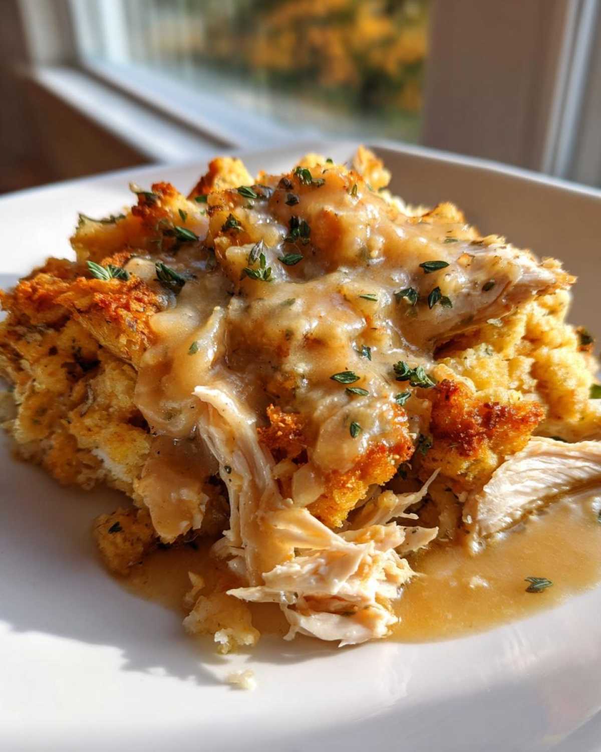 Close-up of a serving of crock pot chicken and stuffing topped with savory gravy and fresh herbs.