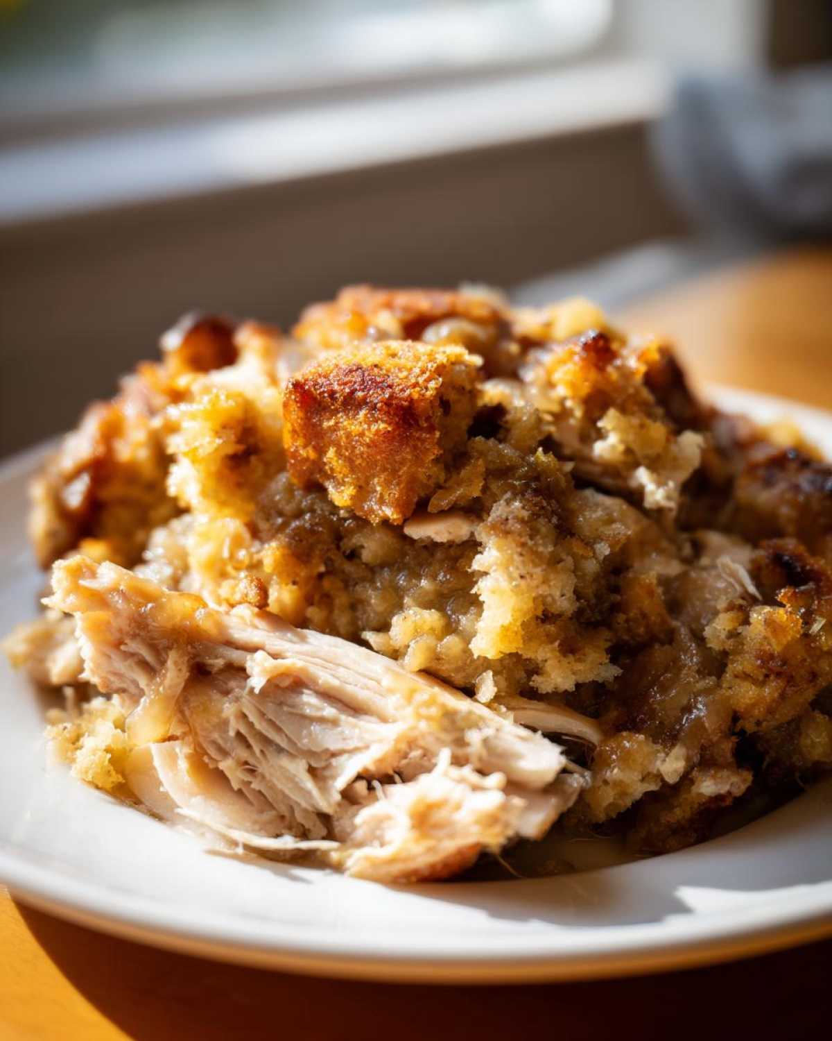 Close-up of a serving of crock pot chicken and stuffing topped with savory gravy and fresh herbs on a white plate.