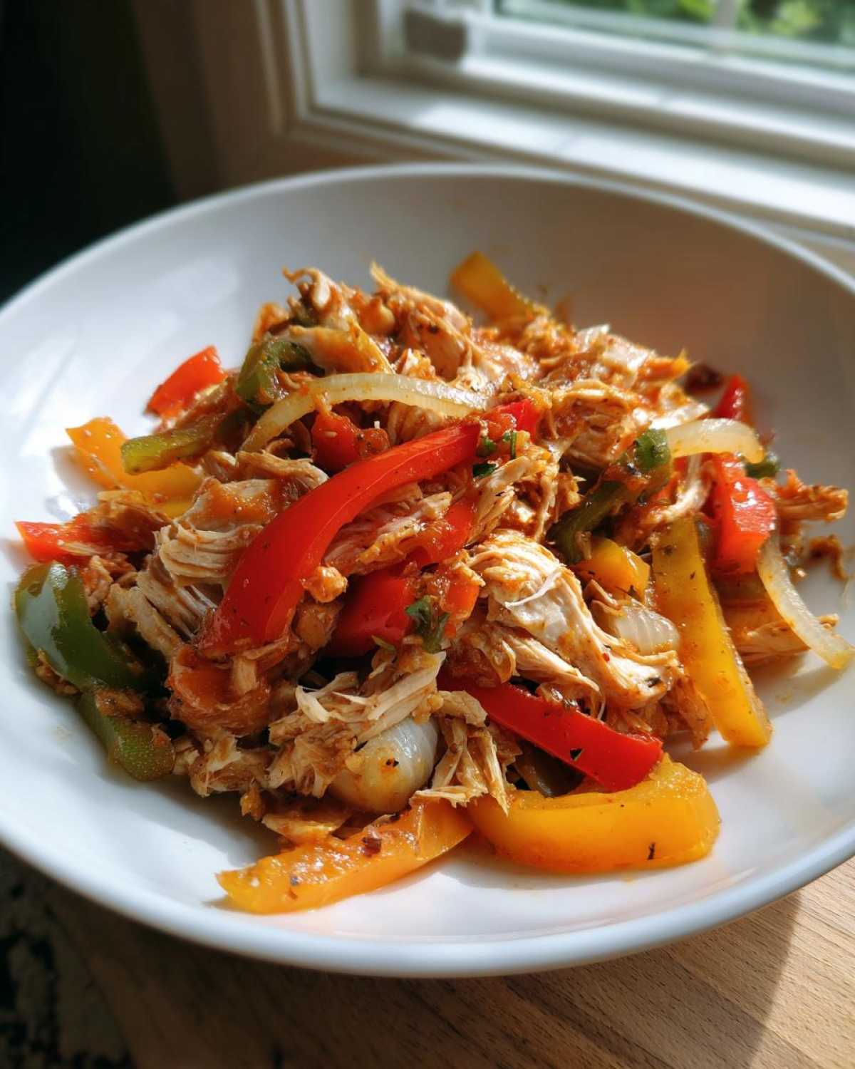 Close-up of shredded chicken mixed with colorful bell peppers and onions, ready for crockpot chicken fajitas.