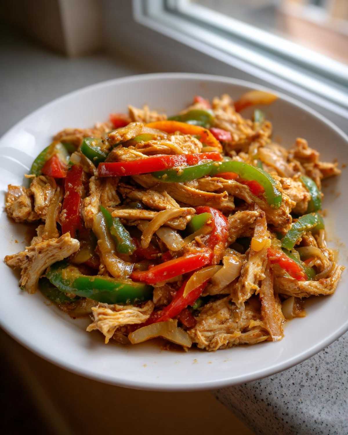 Shredded chicken mixed with colorful sautéed red and green bell peppers and onions, ready to serve as crockpot chicken fajitas.