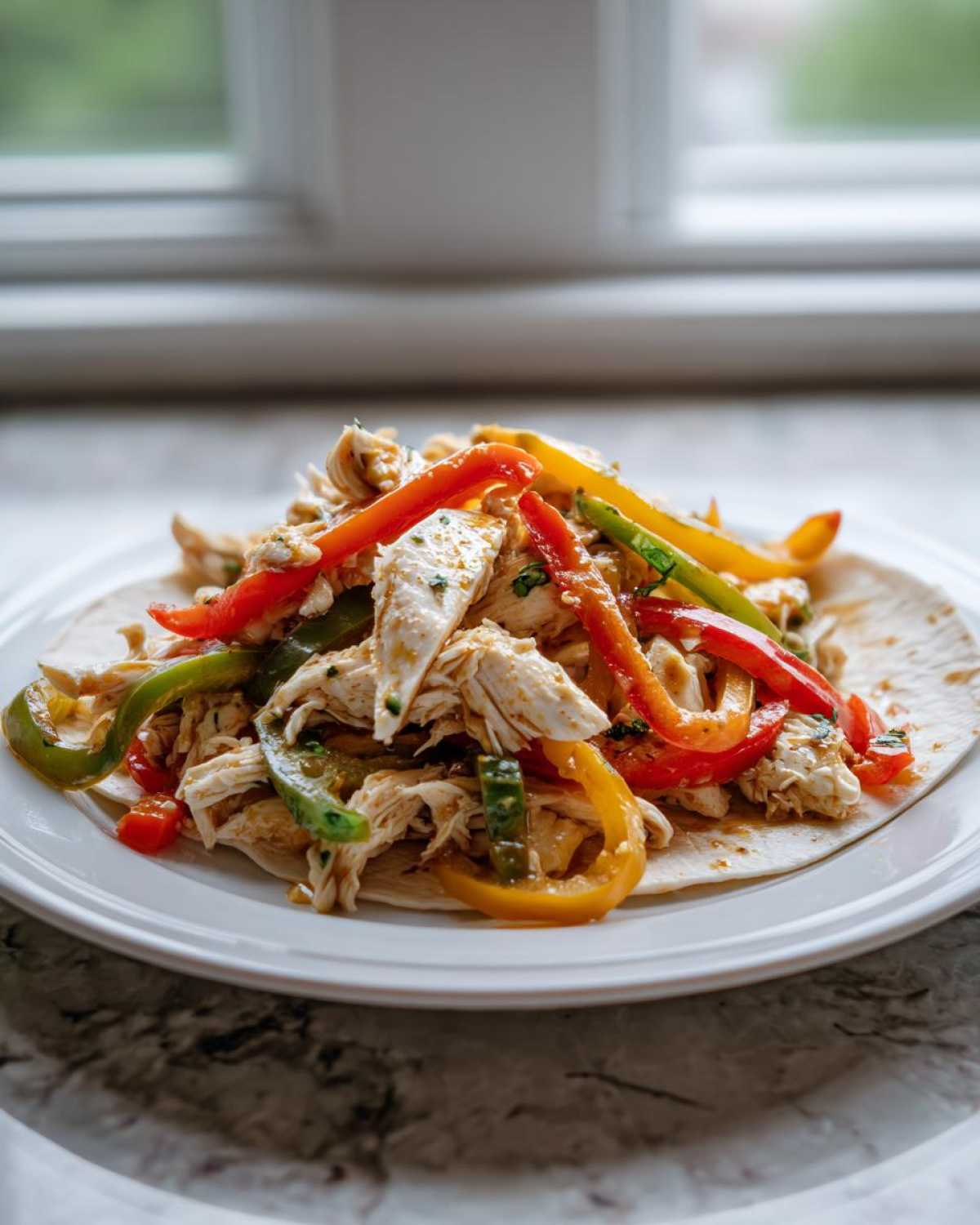 A soft tortilla topped with shredded chicken and colorful bell pepper strips for crockpot chicken fajitas.