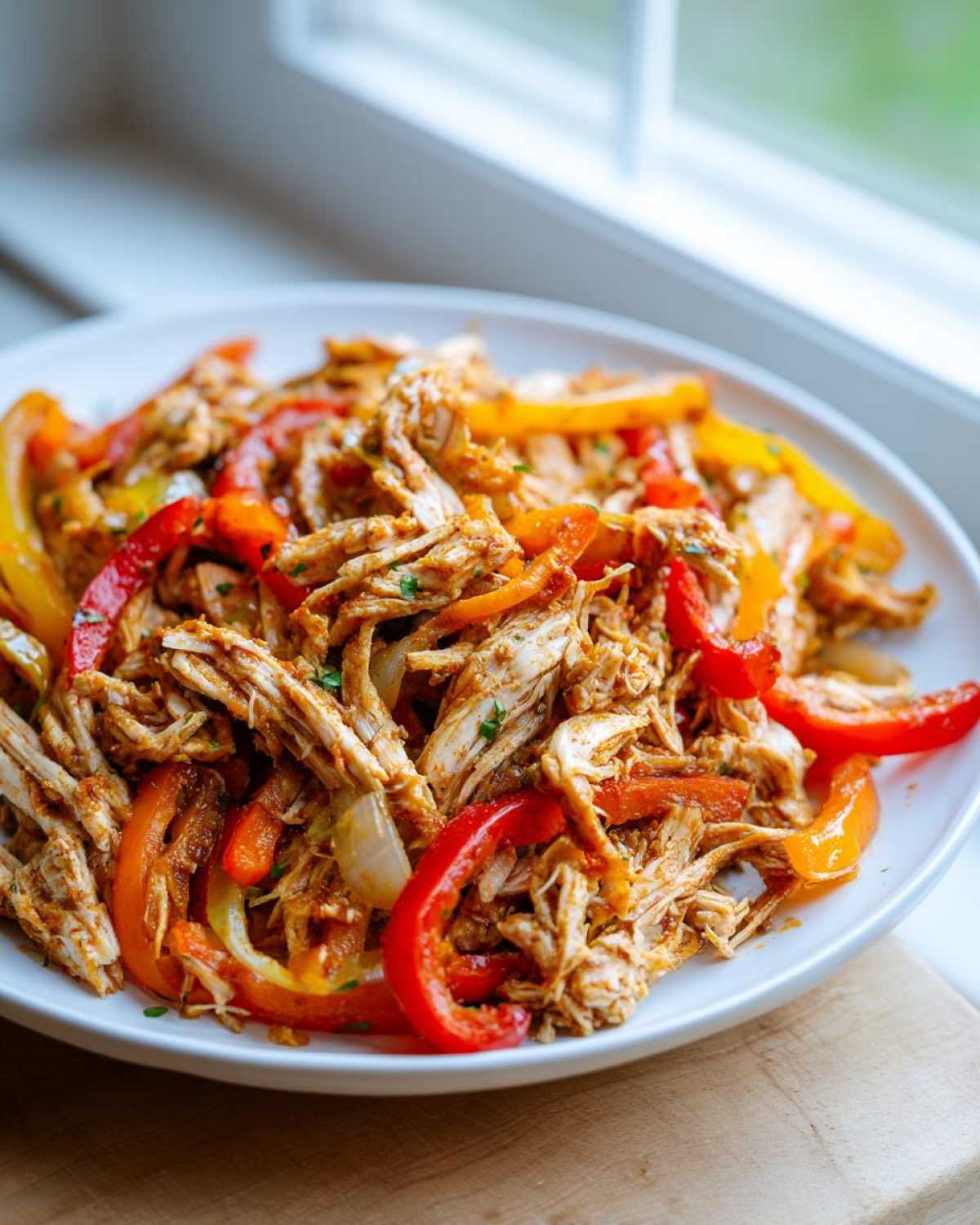A white plate filled with shredded chicken mixed with vibrant red and yellow bell peppers, ready for crockpot chicken fajitas.