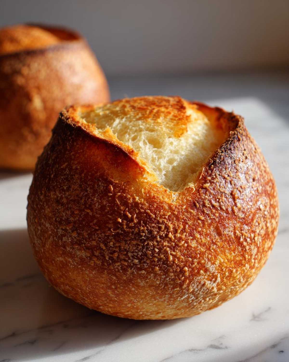 Close-up of a golden-brown, crusty, round bread bowl with the top sliced open, ready for filling.