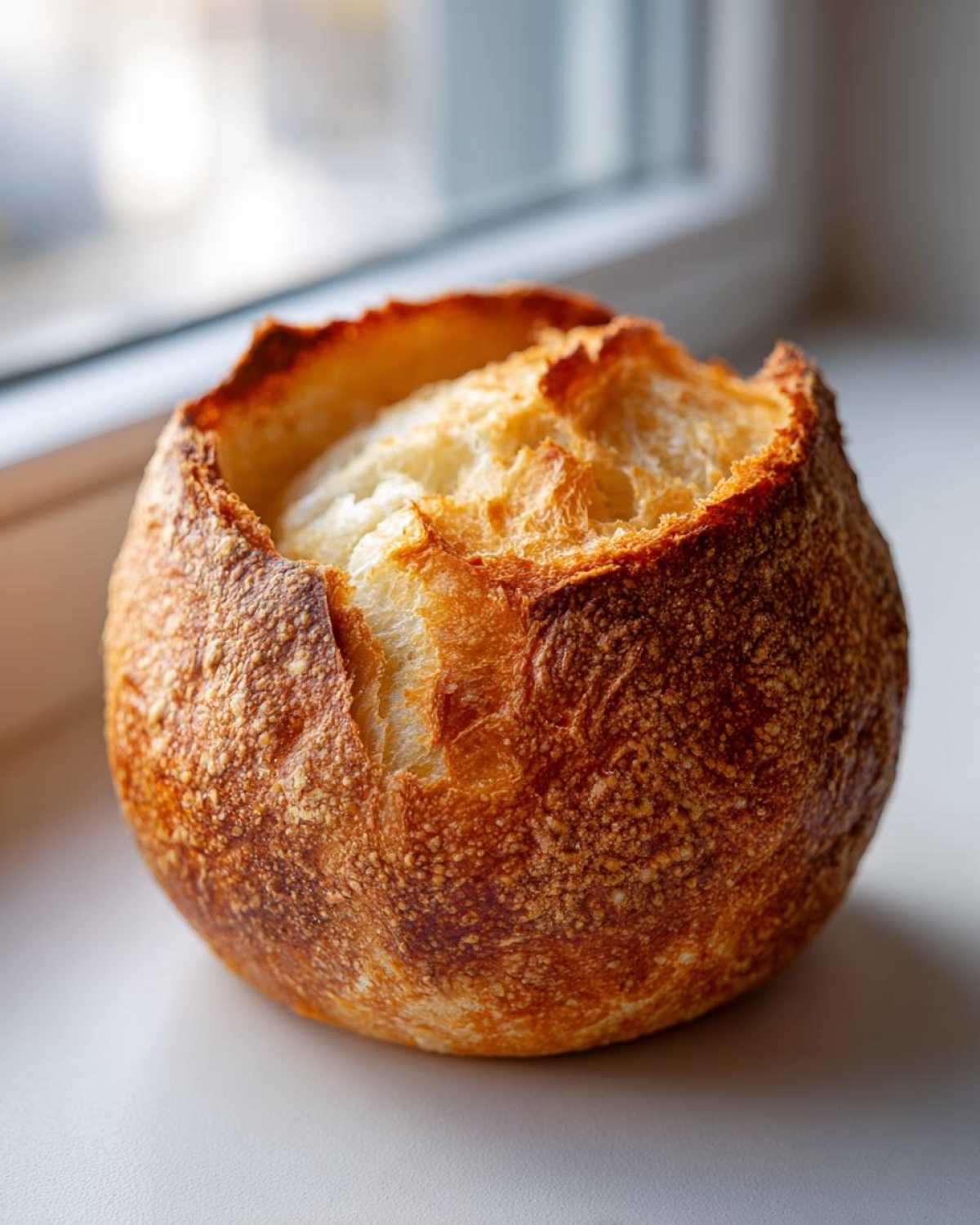 Close-up of a golden-brown, crusty round bread bowl with the top partially removed, ready for filling.