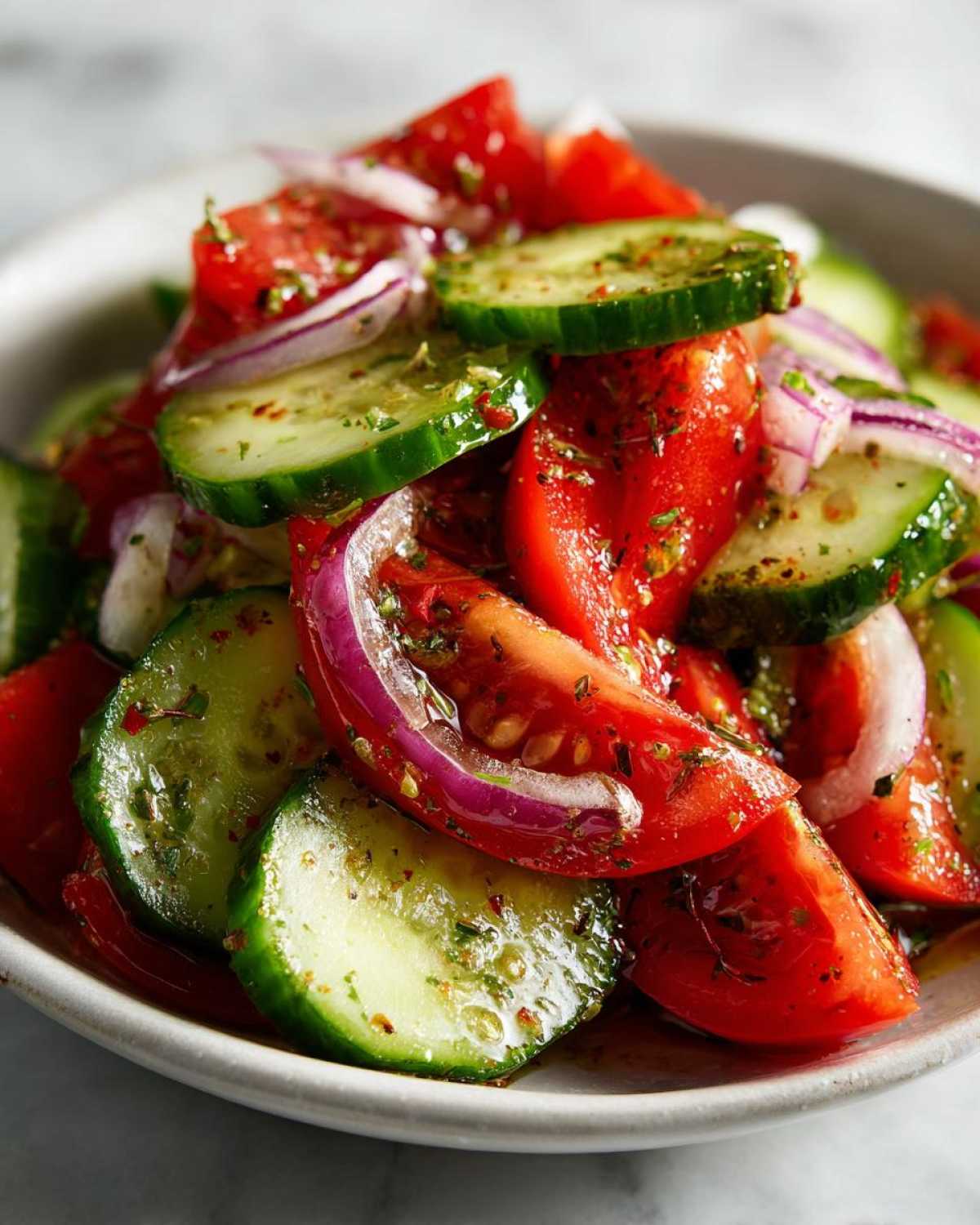 Close-up of a fresh cucumber tomato salad with red onion slices, tossed in herbs and dressing.