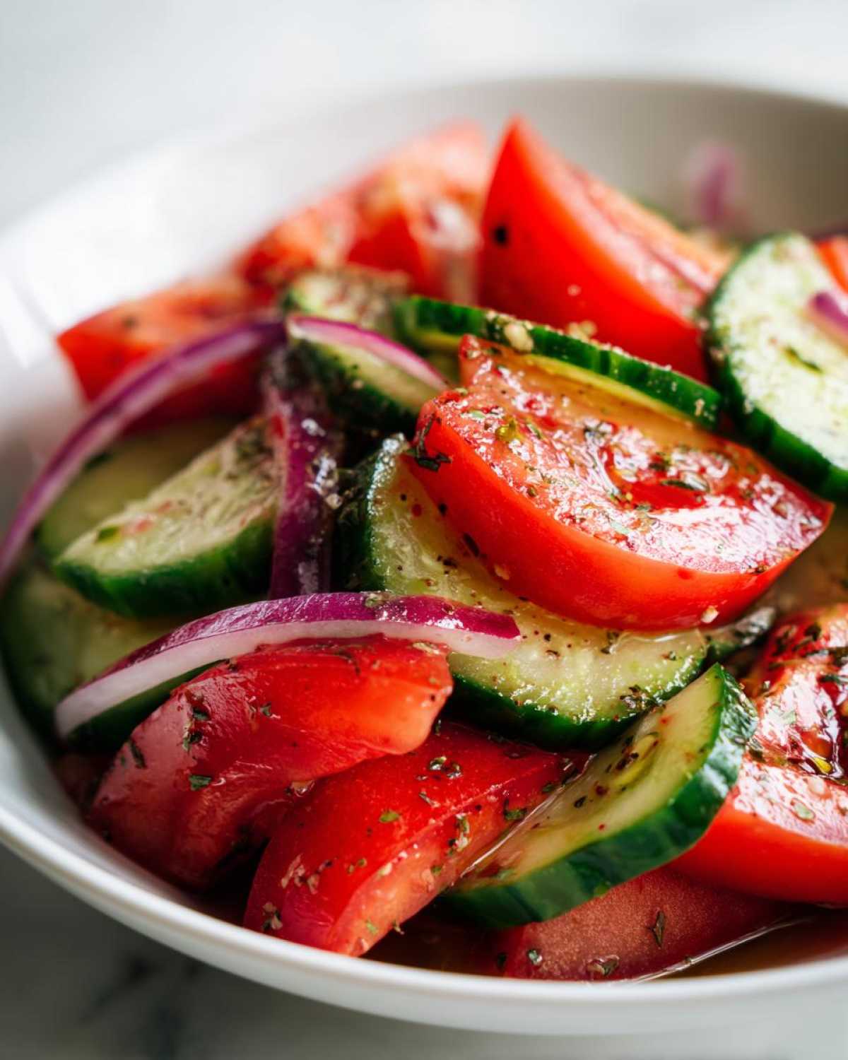 Close-up of a vibrant cucumber tomato salad featuring sliced cucumbers, wedges of red tomato, and slivers of red onion, seasoned with herbs.