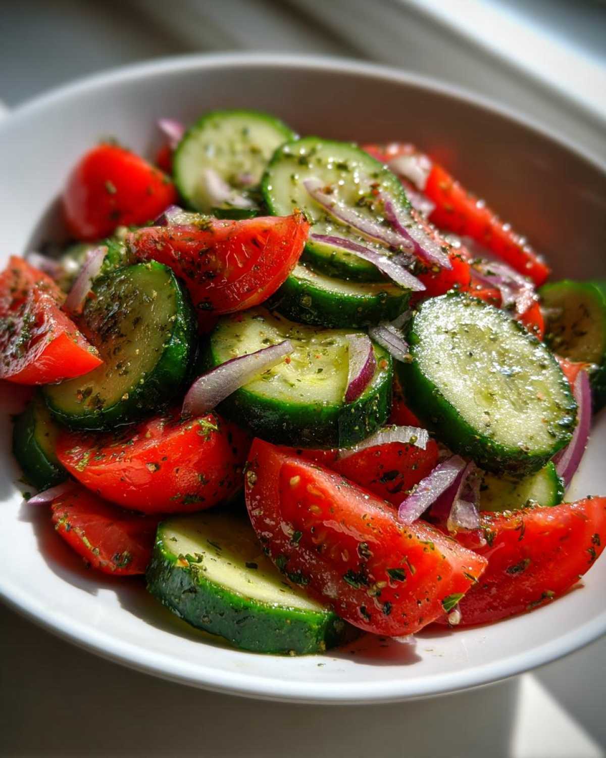 Close-up of a fresh cucumber tomato salad featuring sliced cucumbers, wedges of ripe tomato, and slivers of red onion, seasoned with herbs.
