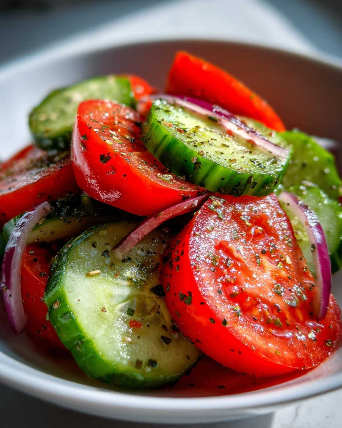 Close-up of a fresh cucumber tomato salad, featuring sliced tomatoes, cucumbers, and red onion seasoned with herbs.