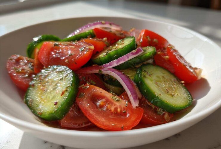 Close-up of a vibrant cucumber tomato salad with red onion slices, dressed and seasoned.
