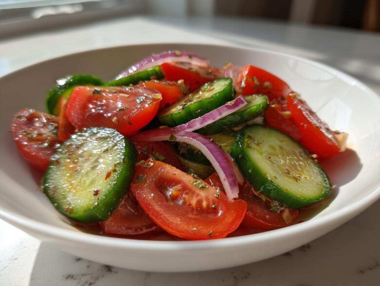 Close-up of a vibrant cucumber tomato salad with red onion slices, dressed and seasoned.