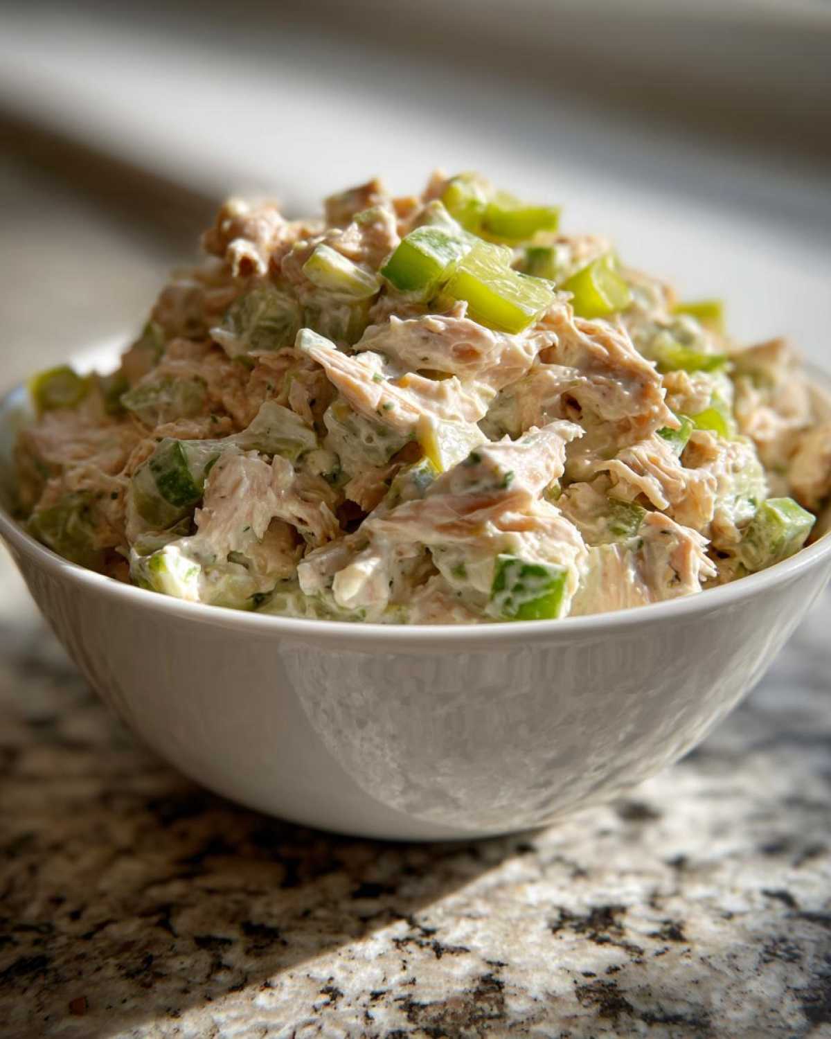 Close-up of a white bowl filled with creamy dill pickle chicken salad featuring shredded chicken and bright green pickle pieces.