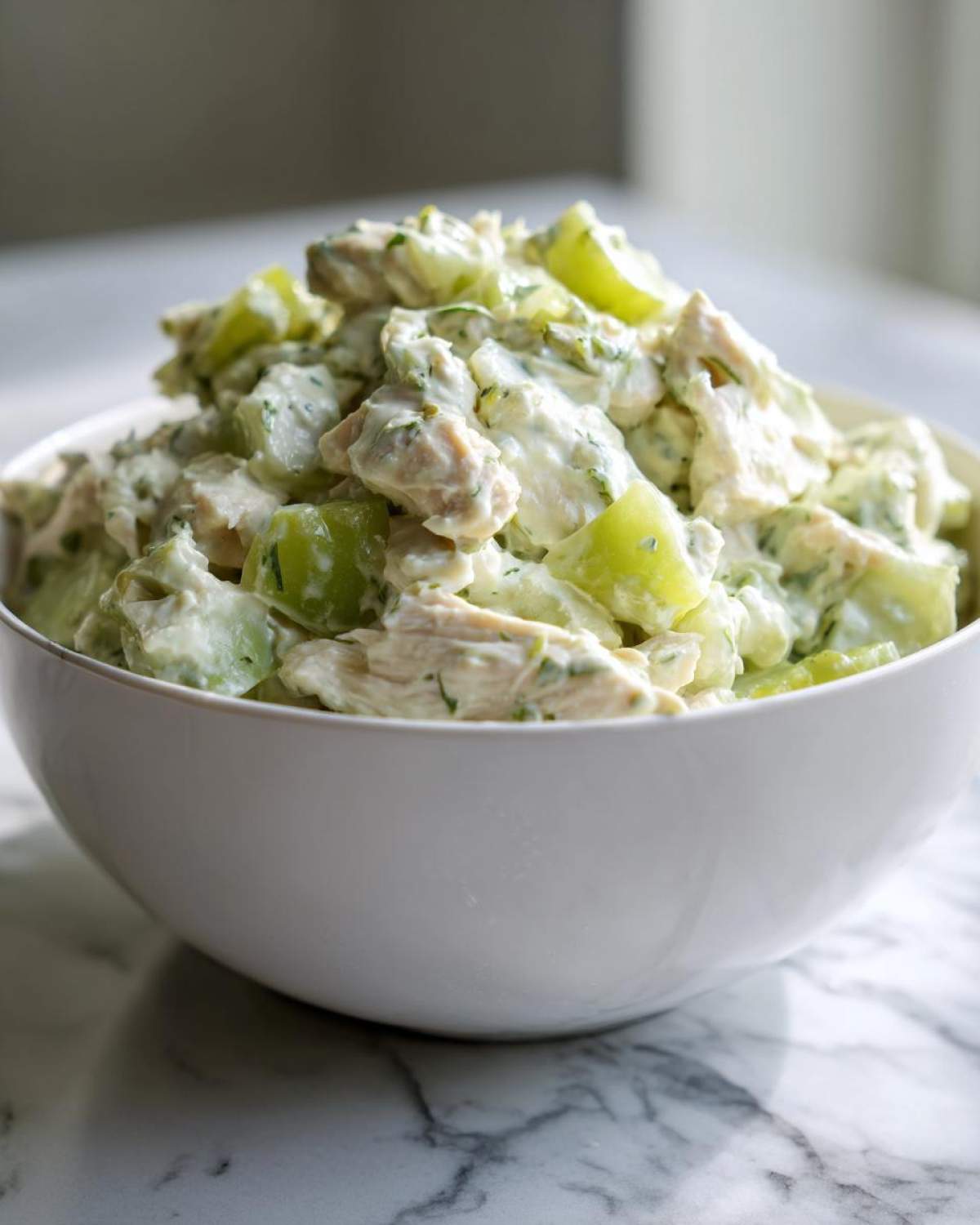 A white bowl filled high with creamy dill pickle chicken salad featuring shredded chicken and chunks of green pickles.