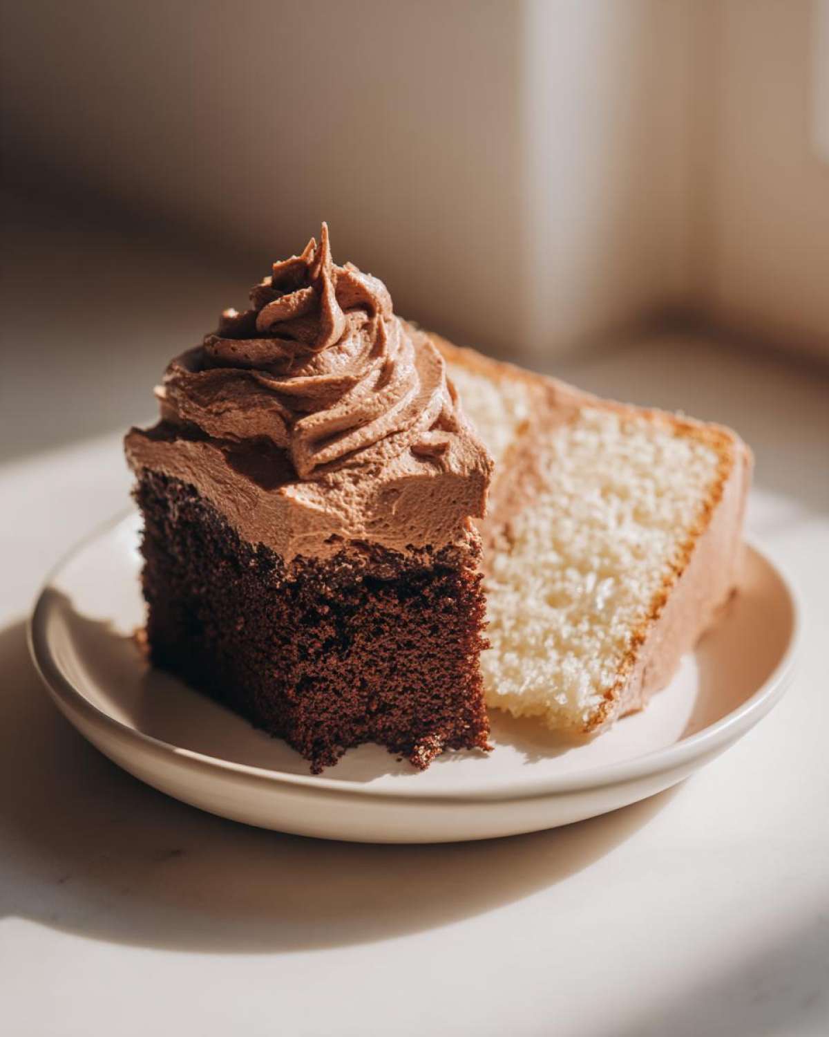 A slice of layered cake, half chocolate and half vanilla, topped with swirled, rich chocolate frosting.