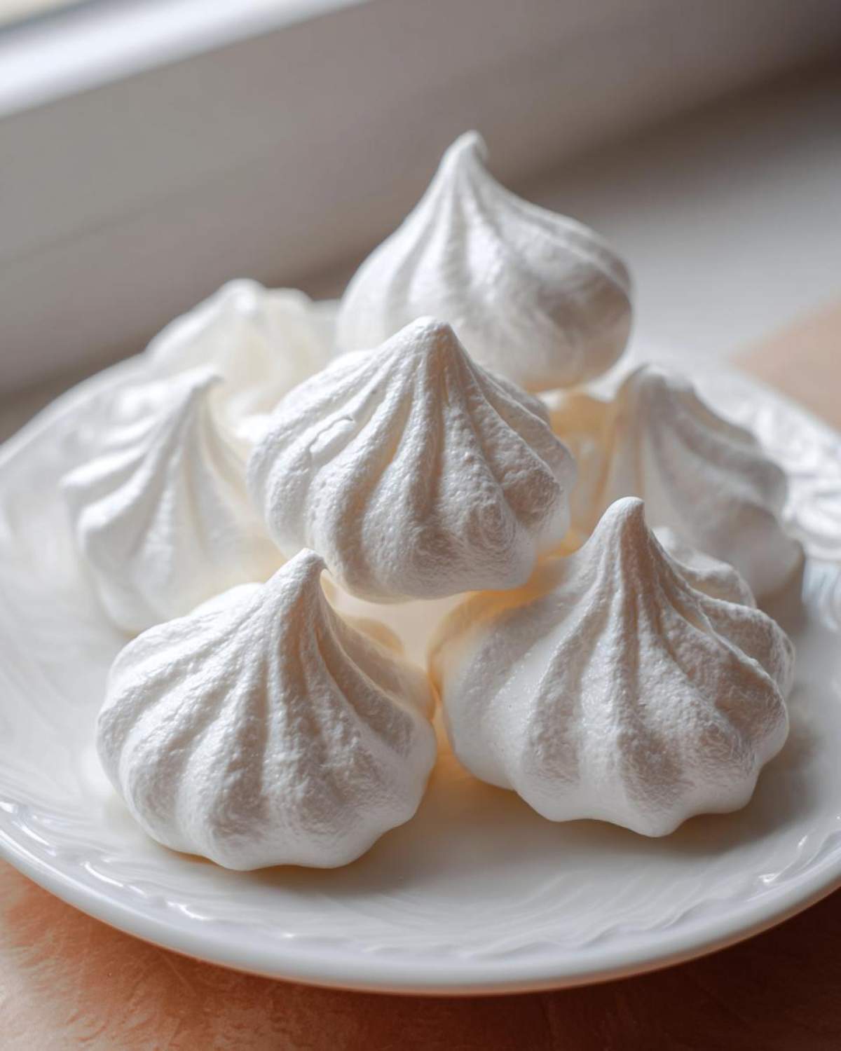 Close-up of several perfectly piped, crisp white meringue cookies piled on a white plate.