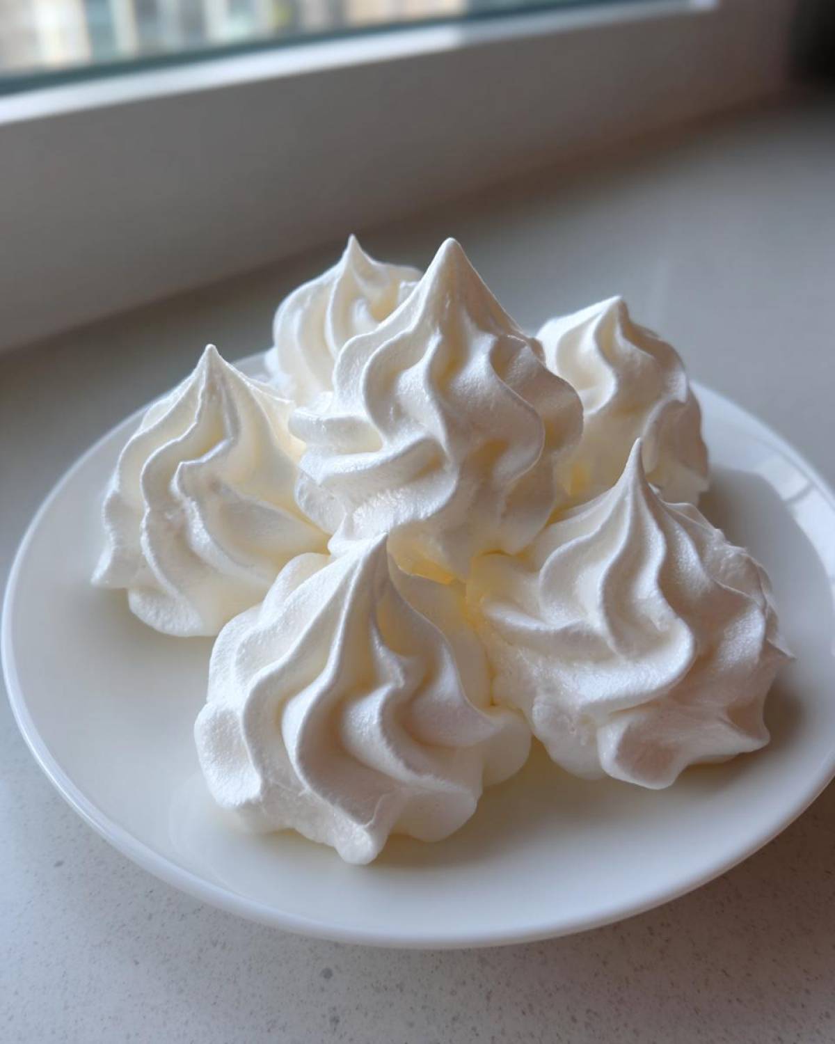 Close-up of five perfectly piped, glossy white meringue cookies resting on a small white plate.