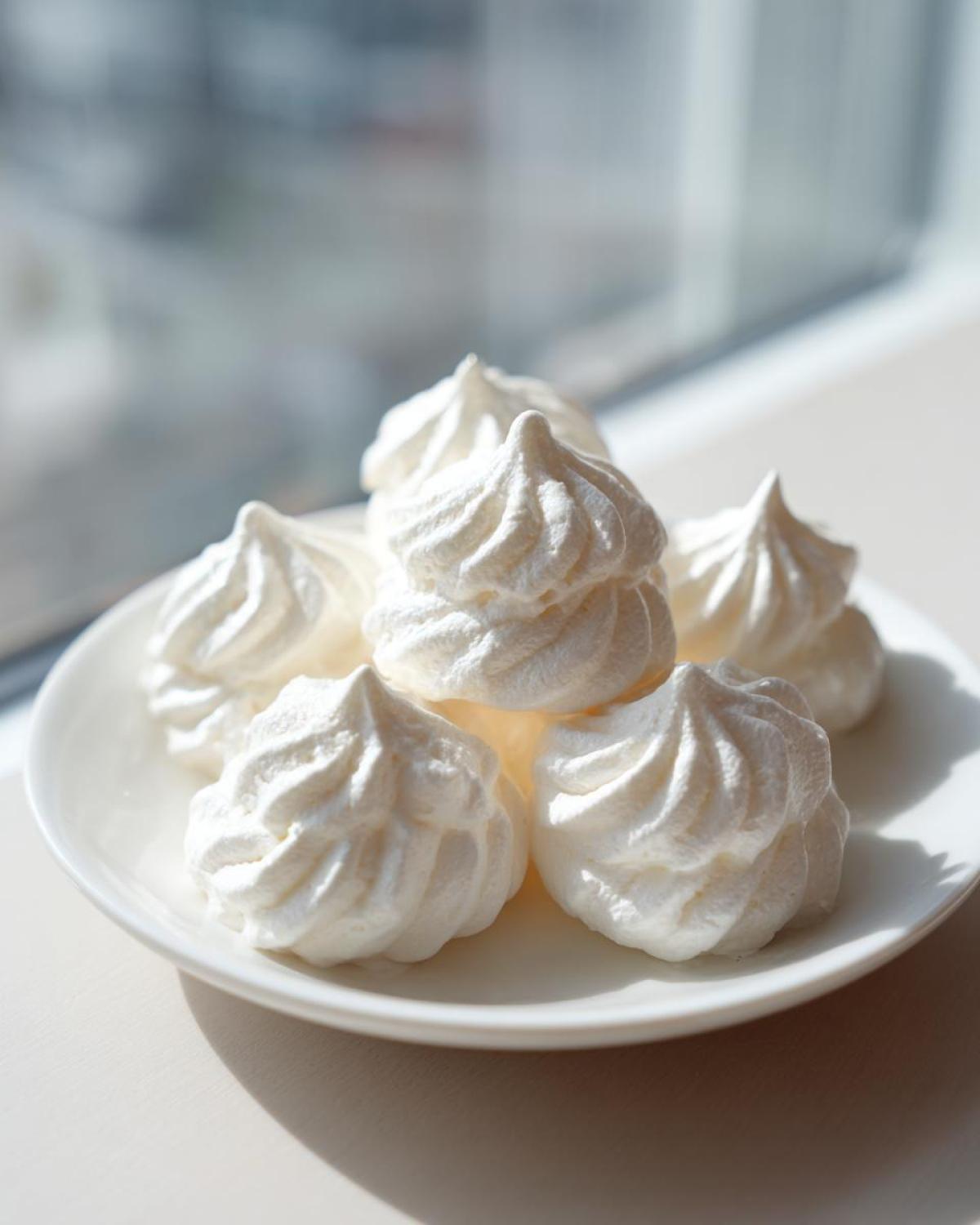 A small white plate holds several perfectly piped, bright white meringue cookies, illuminated by natural light.