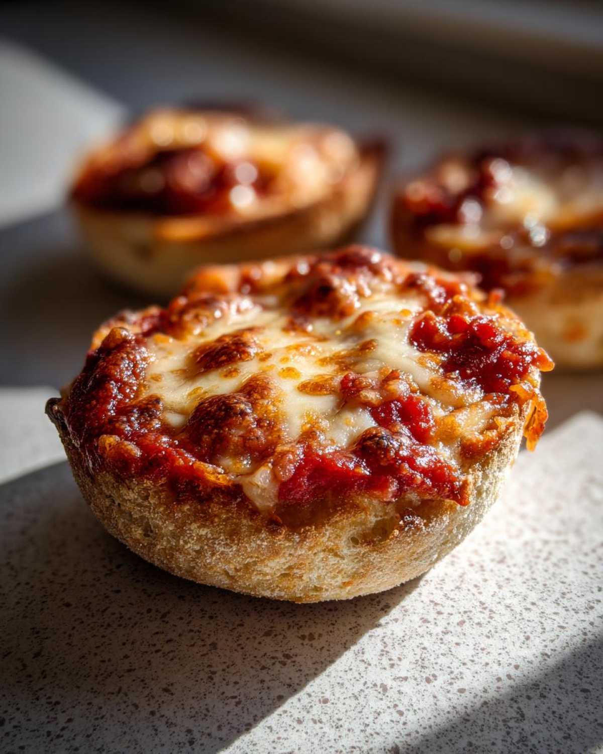 A close-up, sunlit view of a freshly baked English muffin pizza topped with melted, bubbly cheese and tomato sauce.