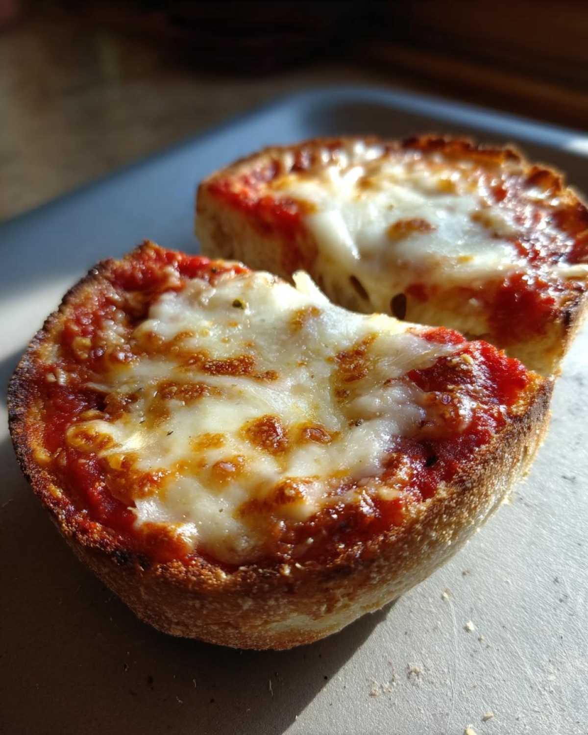 Two halves of a freshly baked english muffin pizza showing melted, slightly browned cheese and tomato sauce.