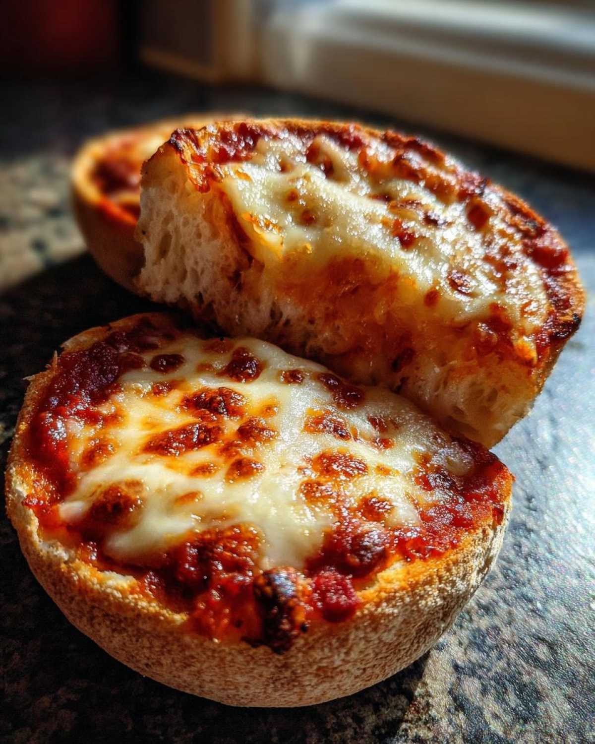 Close-up of a halved English muffin pizza showing melted, slightly browned cheese over tomato sauce.