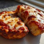 Two halves of a freshly baked English muffin pizza showing bubbly, melted mozzarella cheese over rich tomato sauce.
