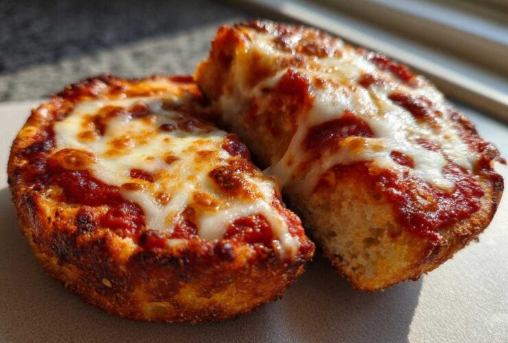 Two halves of a freshly baked English muffin pizza showing bubbly, melted mozzarella cheese over rich tomato sauce.