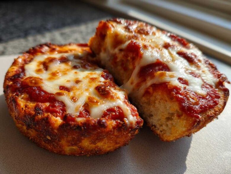 Two halves of a freshly baked English muffin pizza showing bubbly, melted mozzarella cheese over rich tomato sauce.