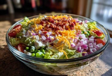 Close-up of a vibrant 7 layer salad in a clear glass bowl, topped with bacon, cheese, and red onion.