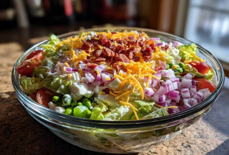 Close-up of a vibrant 7 layer salad in a clear glass bowl, topped with bacon, cheese, and red onion.