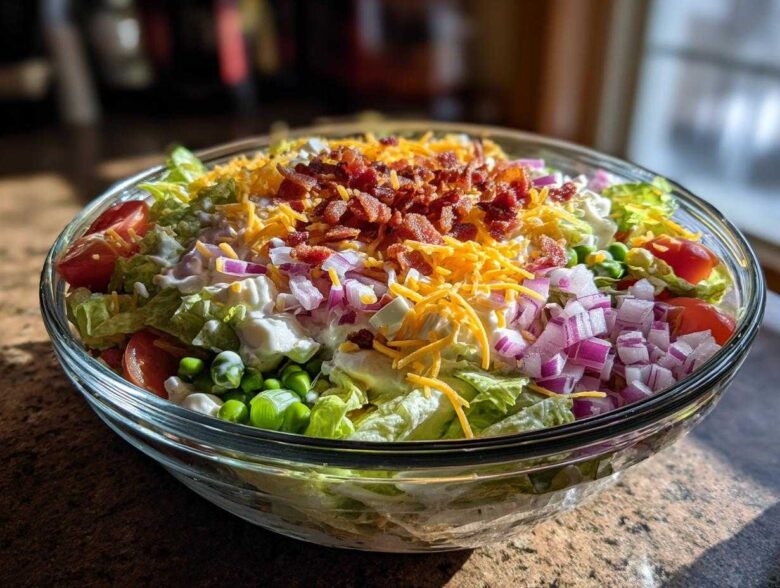 Close-up of a vibrant 7 layer salad in a clear glass bowl, topped with bacon, cheese, and red onion.