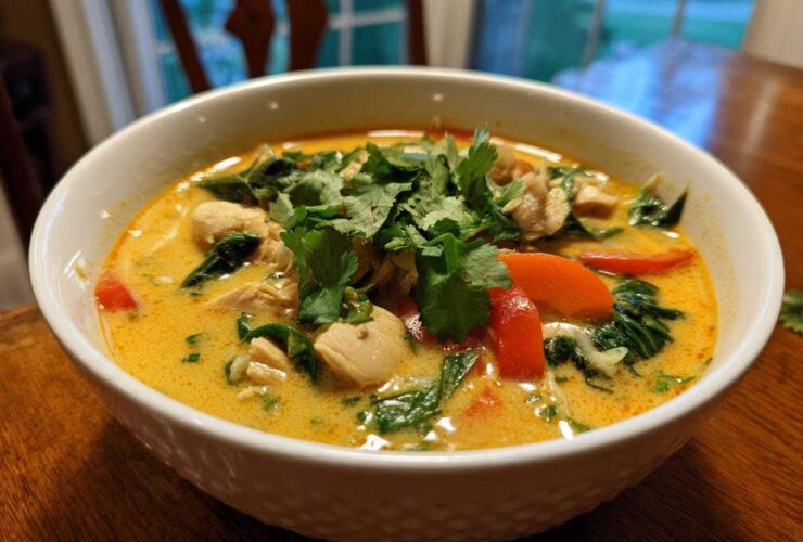 A close-up of a white bowl filled with rich, yellow coconut curry soup, topped with chicken, red peppers, spinach, and fresh cilantro.